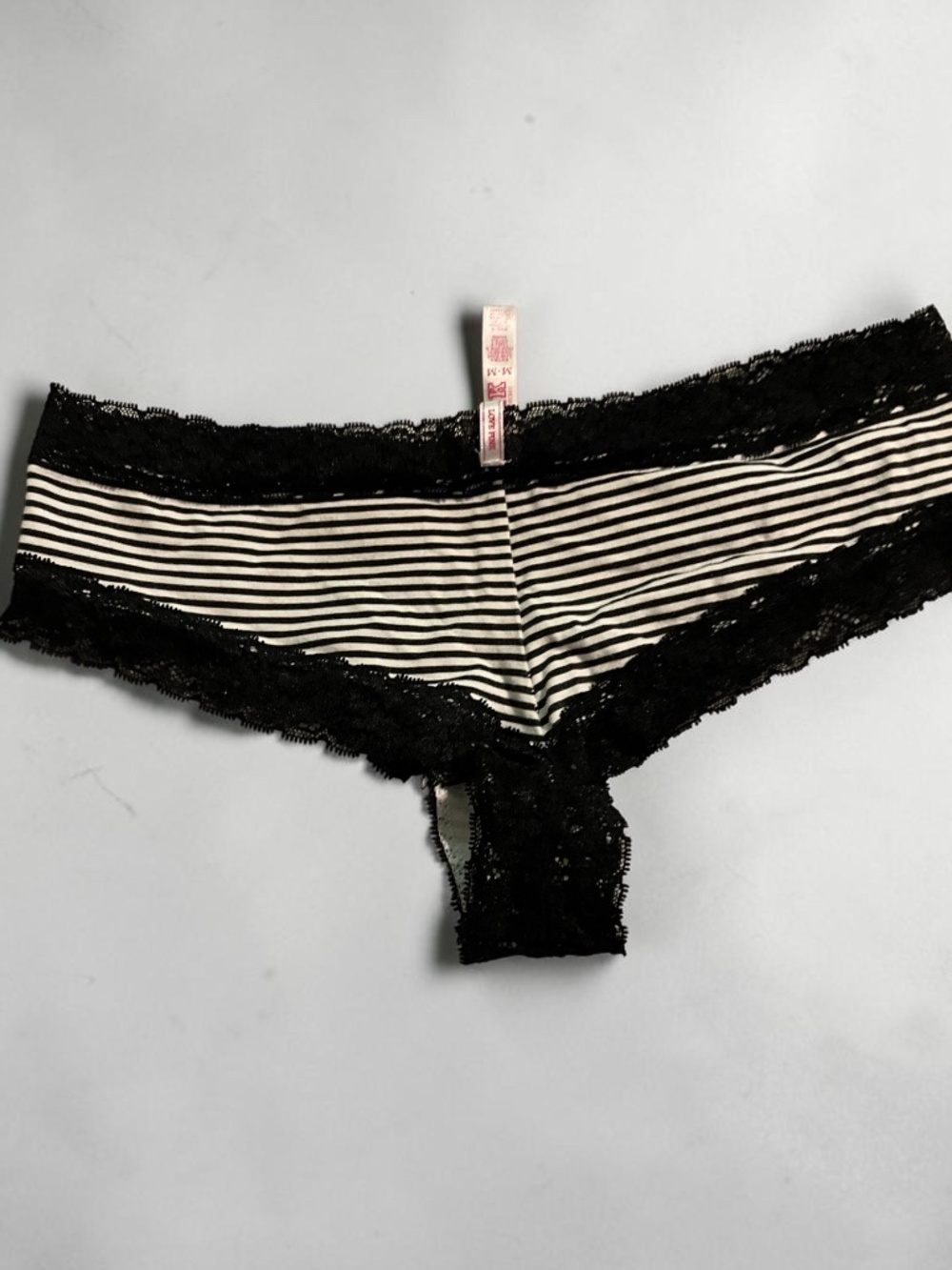 Victoria’s Secret Pink Black & White Striped Lace Cheeky Panties M